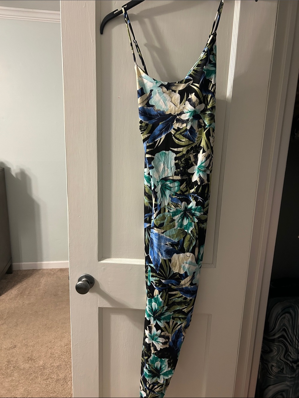 Floral Spaghetti-Strap Maxi Dress in Black & Blue